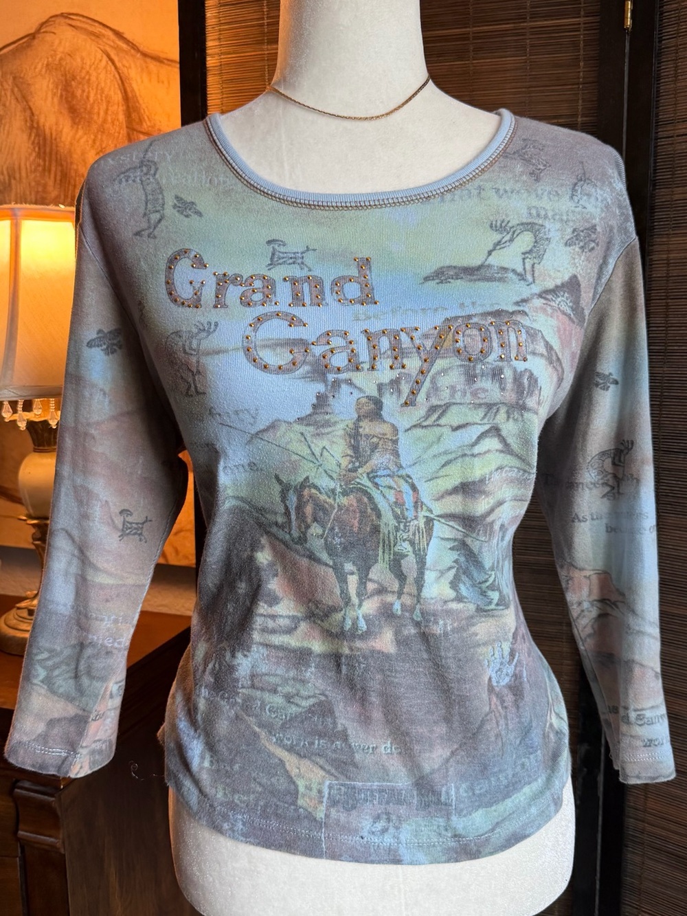 Cactus Grand Canyon Graphic Top Large Rhinestone Western Desert 3/4 Sleeve
